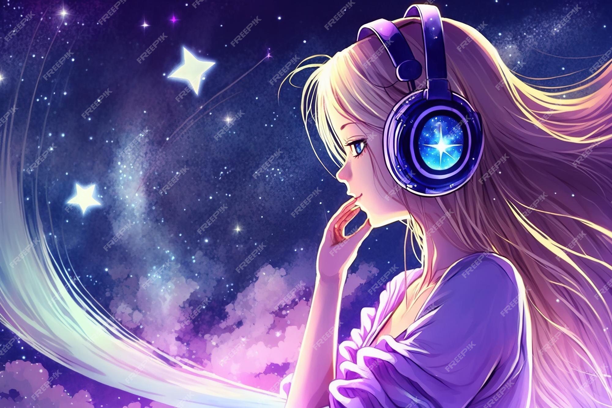 Menina de anime com fones de ouvido ouve música retrato de