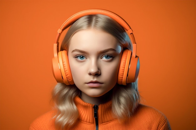 Linda garota com fones de ouvido ouvindo música isolada em fundo laranja