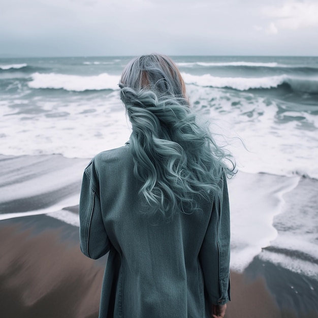 Linda garota com longos cabelos azuis no fundo da harmonia de cores da paisagem marinha do mar