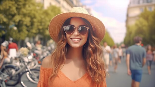 Linda garota com óculos escuros e chapéu de verão sorrindo ilustração AI GenerativexA