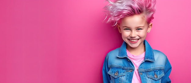 Linda garota com penteado da moda e óculos de sol rosa posando em jaqueta jeans contra fundo fúcsia