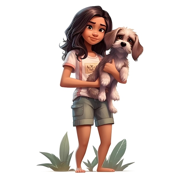 Linda garota com um cachorro shih tzu no fundo branco