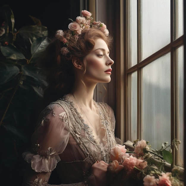 linda garota com um vestido de princesa sentada olhando pela janela