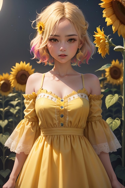 linda garota com vestido amarelo decorado com flores de girassol papel de parede fotografia de fundo