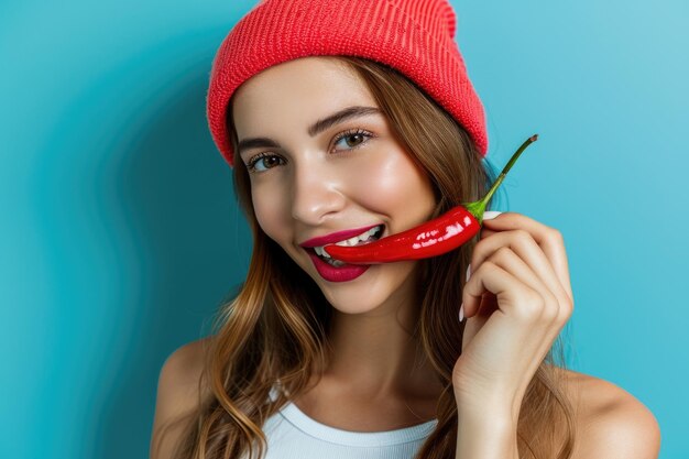 Linda garota comendo pimenta picante e maionese