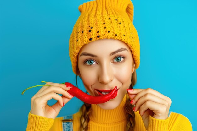 Linda garota comendo pimenta picante e maionese