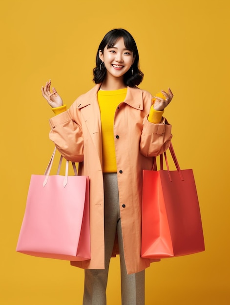 linda garota coreana segurando muitas sacolas de compras nas duas mãos