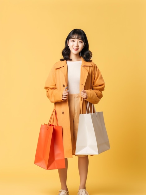 linda garota coreana segurando muitas sacolas de compras nas duas mãos