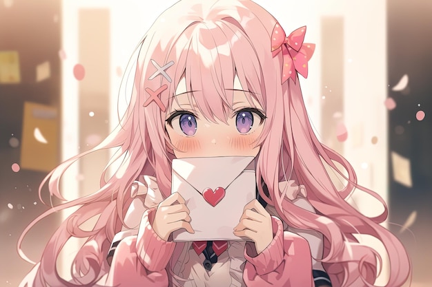 linda garota de anime envergonhada e corada com cabelo rosa segurando uma carta de amor