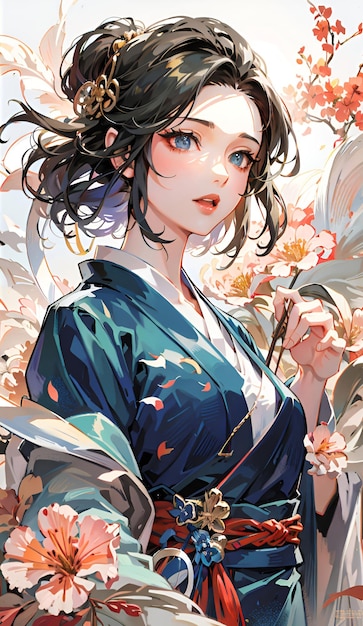 linda garota de anime japonês vestindo quimono
