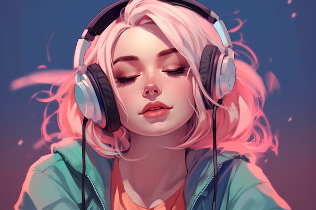 Linda garota de anime ouvindo música Lofi hip hop com desenho animado de fones de ouvido AI Generative