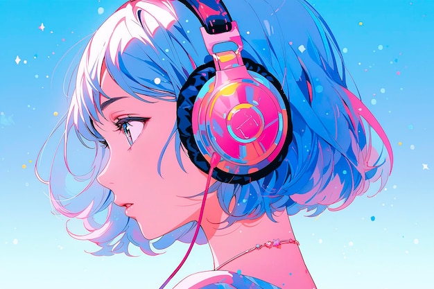 Linda garota de anime ouvindo música Lofi hip hop com desenho animado de fones de ouvido AI Generative