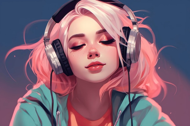 Linda garota de anime ouvindo música Lofi hip hop com desenho animado de fones de ouvido AI Generative