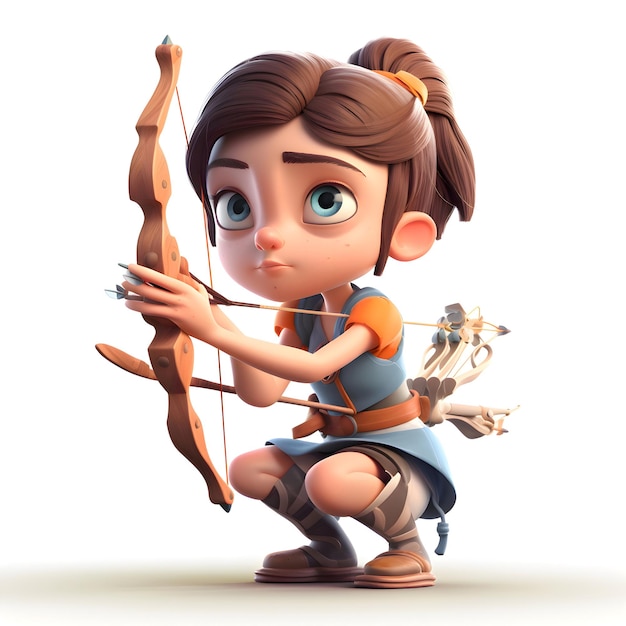 Linda garota de desenho animado com arco e flecha renderização em 3D