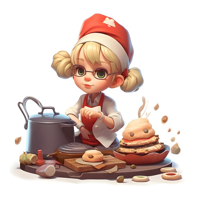 Linda garota de desenho animado com chapéu vermelho e óculos cozinhando hambúrguer