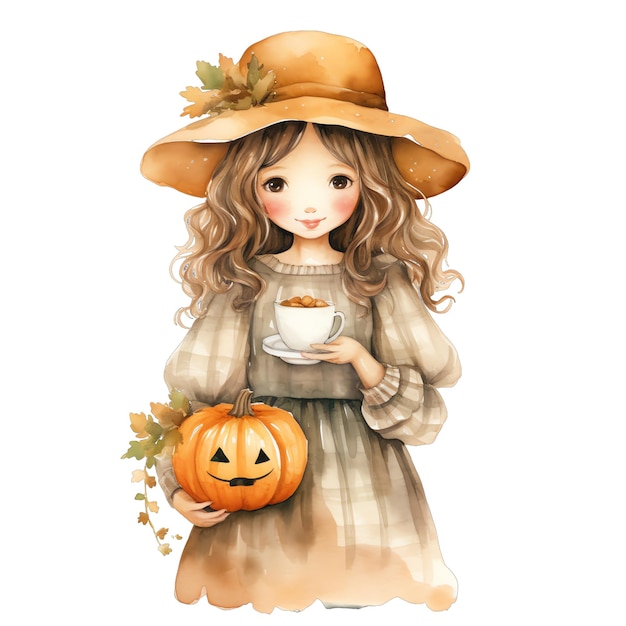 Linda garota de fazenda aquarela com vestido no outono outono garota country cottagecore garota outono