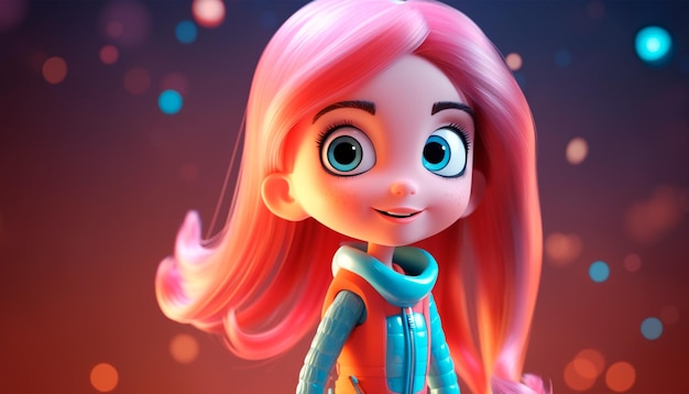 Foto linda garota de personagem 3d com longos cabelos rosa cenas estilo pixar em cor pastel de nave espacial