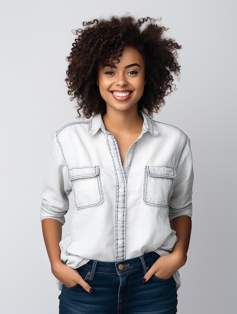 Linda garota de raça mista, sorriso saudável, vestindo jeans e camiseta branca em fundo simples e limpo