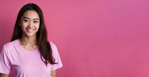 linda garota doce vestindo camiseta rosa olhando fundo rosa isolado positivo e sorridente