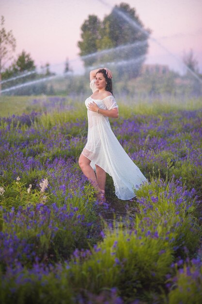 Linda garota em lavanda Ela está usando um vestido longo e um grande chapéu Lugar para texto A fonte