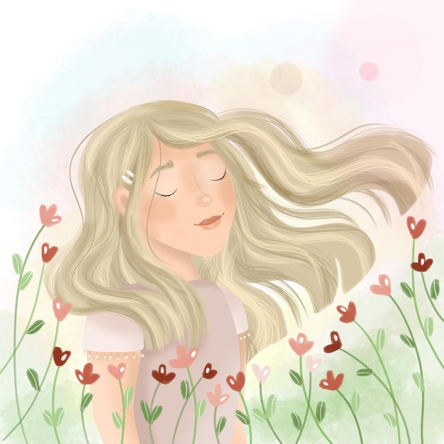 Linda garota em um prado de flores O vento sopra seu cabelo