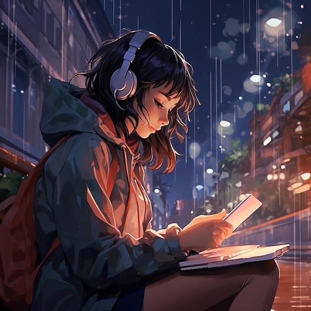 Linda garota jovem Lofi estudando enquanto ouve música com chuva lá fora