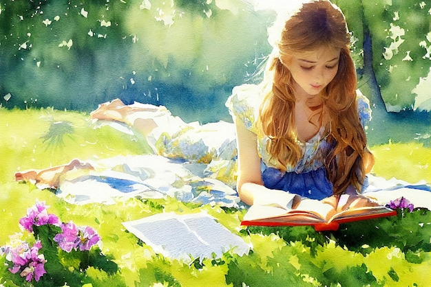 Linda garota lendo livro no gramado ensolarado