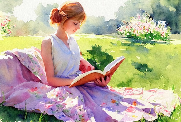 Linda garota lendo livro no gramado ensolarado