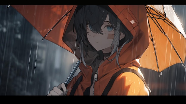 Garota de anime no meio da noite olhando para longe com uma expressão triste  a paisagem de chuva lofi