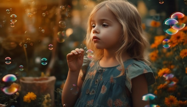 Linda garota loira soprando bolhas aproveitando a infância despreocupada ao ar livre gerada por IA