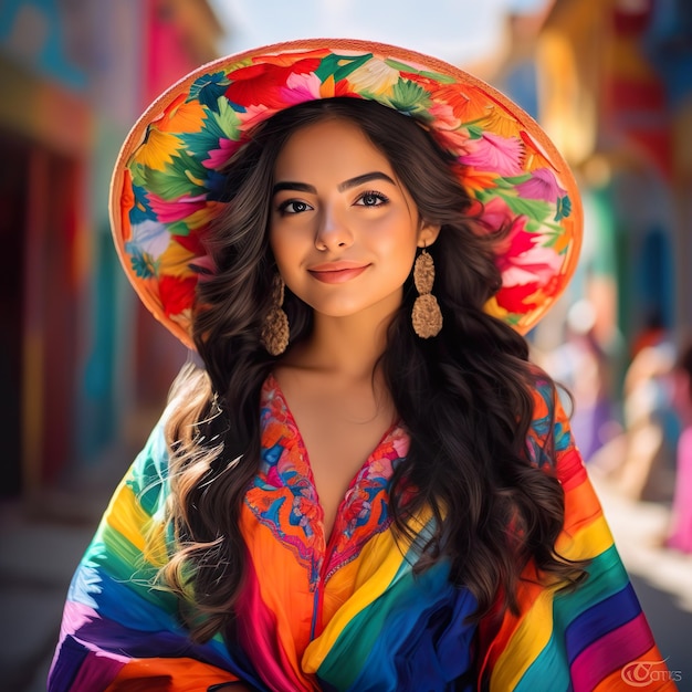 Linda garota mexicana de sombrero e poncho brilhante generativa ai