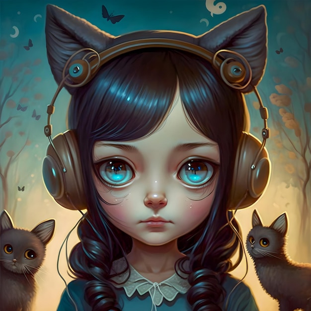 Linda garota morena de Kawaii Anime usando fones de ouvido com ilustração de orelhas de gato