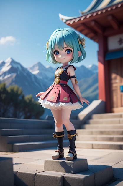 Linda garota na frente do templo com fundo de papel de parede estilo anime de olhos grandes