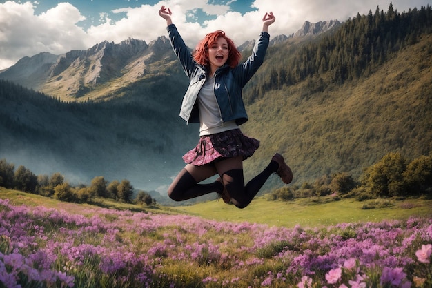 Foto linda garota nas montanhas pula de felicidade em um campo de flores ia generativa