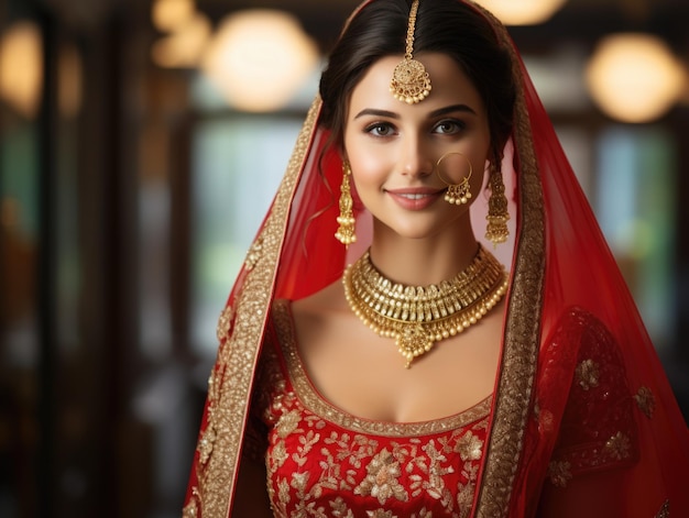 linda garota noiva indiana vestida com roupas de casamento tradicionais vermelhas hindus