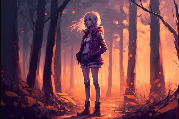 Linda garota parada na floresta mágica sozinha Jovem garota parada na pintura de ilustração de estilo de arte digital da floresta de outono