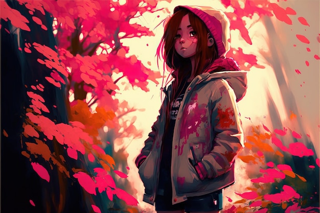 Linda garota parada na floresta mágica sozinha Jovem garota parada na pintura de ilustração de estilo de arte digital da floresta de outono