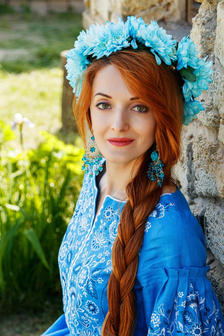 Foto linda garota ruiva em um vestido azul ucraniano com uma coroa na cabeça