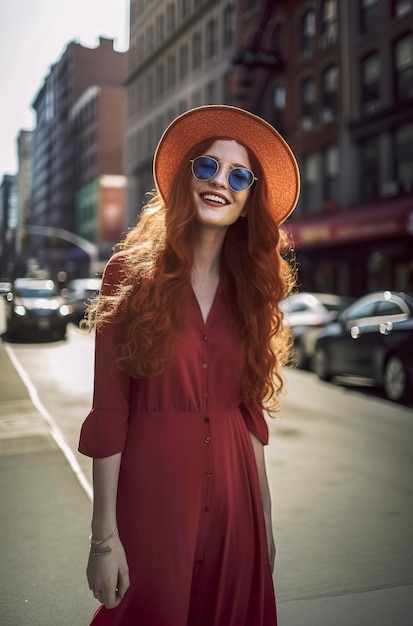 Linda garota ruiva na casa dos 20 anos com um chapéu e óculos de sol em um vestido elegante nas ruas de nova york à luz do sol