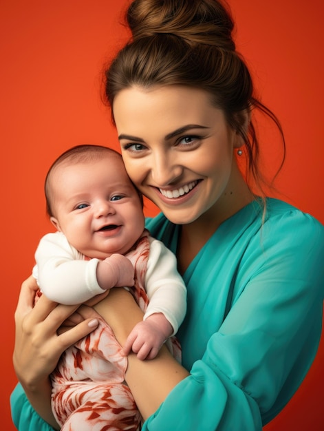 Linda garota segura um bebê recém-nascido e sorri feliz