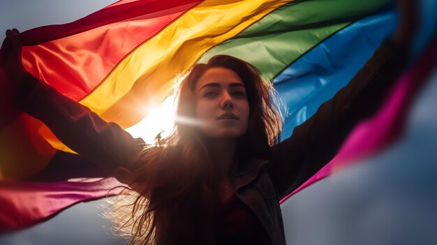 linda garota segurando a bandeira do orgulho do arco-íris no festival