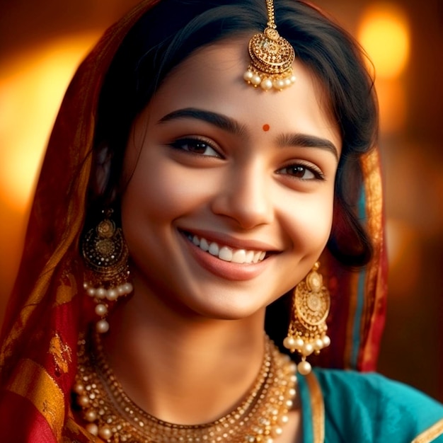 Linda garota sorridente em um saree indiano e joias de ouro