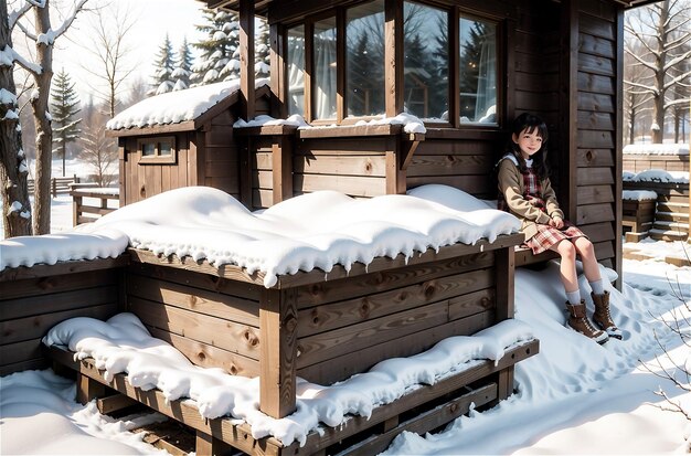 Linda garota sorrindo ao ar livre na neve em um dia frio de inverno