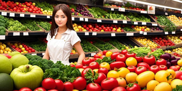 Linda garota trabalhadora de supermercado no fundo de vegetais e frutas Generative AI