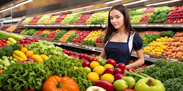 Linda garota trabalhadora de supermercado no fundo de vegetais e frutas Generative AI