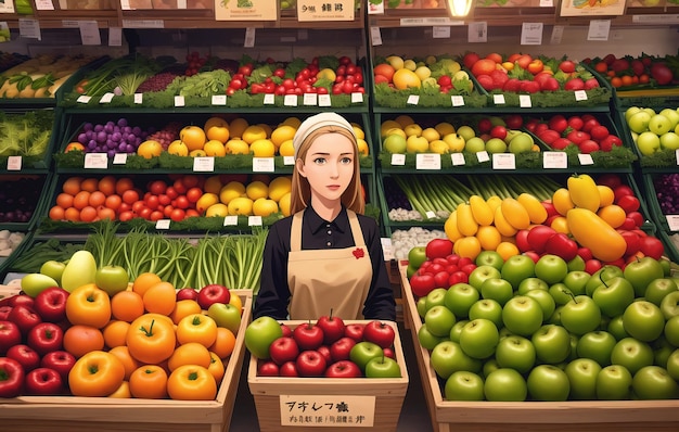 Linda garota trabalhadora de supermercado no fundo de vegetais e frutas Generative AI