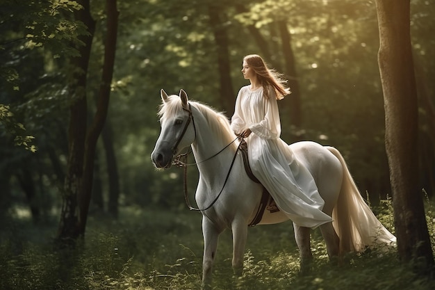 Linda garota usando vestido longo cavalgando cavalo branco na floresta paisagem vista natureza fundo