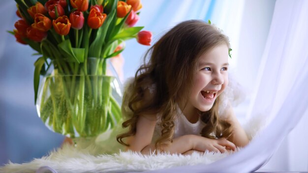 Linda garota vestida de branco com um magnífico buquê de tulipas primeiras. Dia Internacional da Mulher. Menina com tulipas.