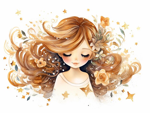 Foto linda garotinha fofa com flores no cabelo ilustração de conto de fadas