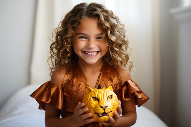 Linda garotinha loira vestida com um fabuloso vestido de fada bruxa brincando na floresta de outono